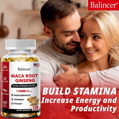 Bcuelov - Maca Root Capsules 10,000 Mg + Korean Ginseng 1,400 Mg - Black + Red + Yellow Maca Root, 10X Concentrated Extract Ginseng Capsules - Ultra Potency and High Purity