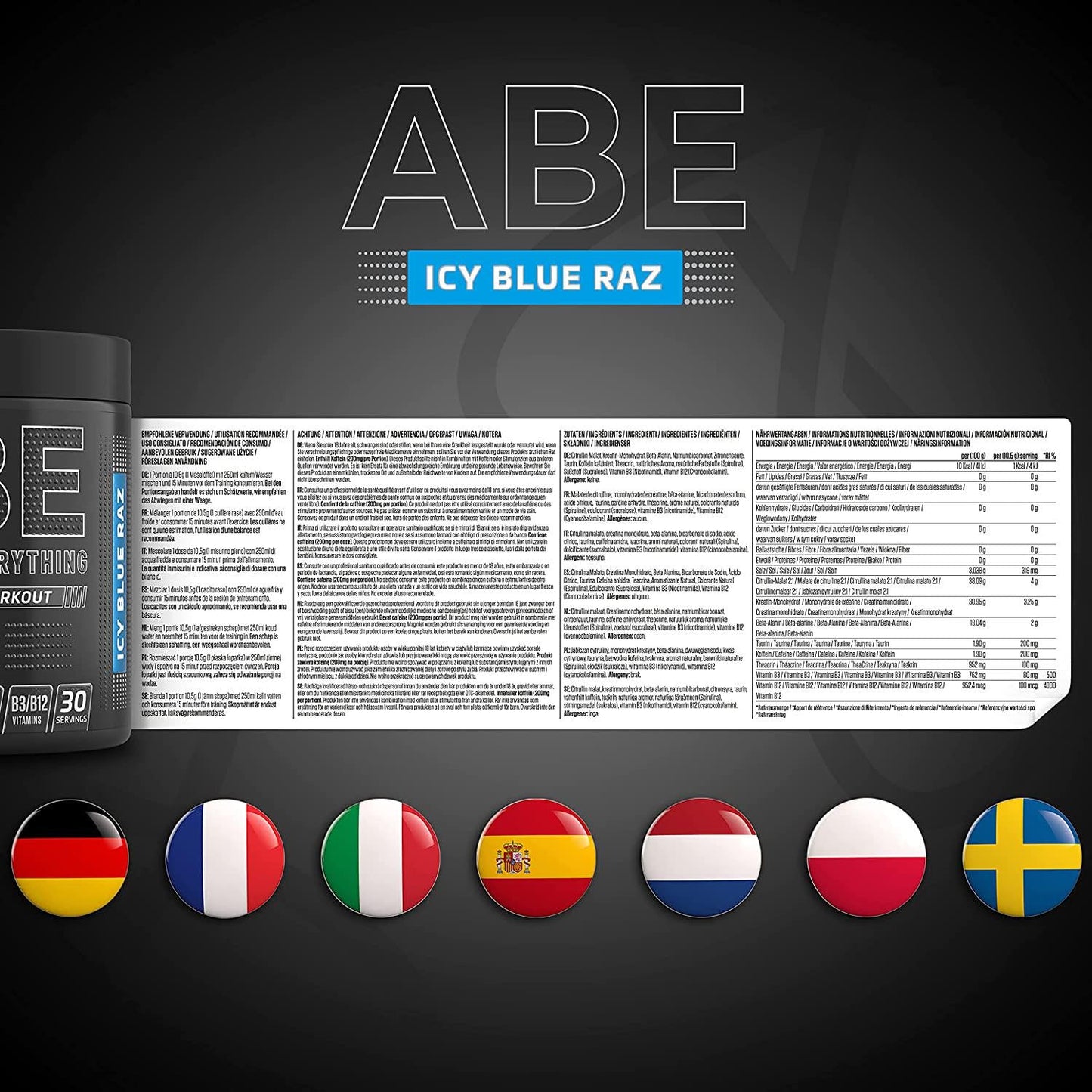 ABE All Black Everything Pre Workout Energy, Increase Physical Performance with Citrulline, Creatine, Beta Alanine, Caffeine Vitamin B Complex (ICY Blue Raz, 315g)