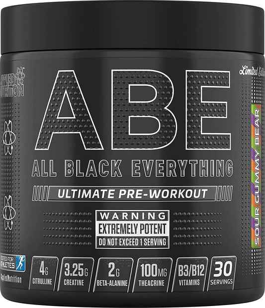 ABE All Black Everything Pre Workout Energy, Increase Physical Performance with Citrulline, Creatine, Beta Alanine, Caffeine Vitamin B Complex (Sour Gummy Bear, 315g)