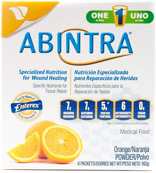 ABINTRA Specialized Wound Healing Nutritional Supplement Includes L-Arginine, Orange Flavor, 6 Packets, 27g Each, Made in The USA