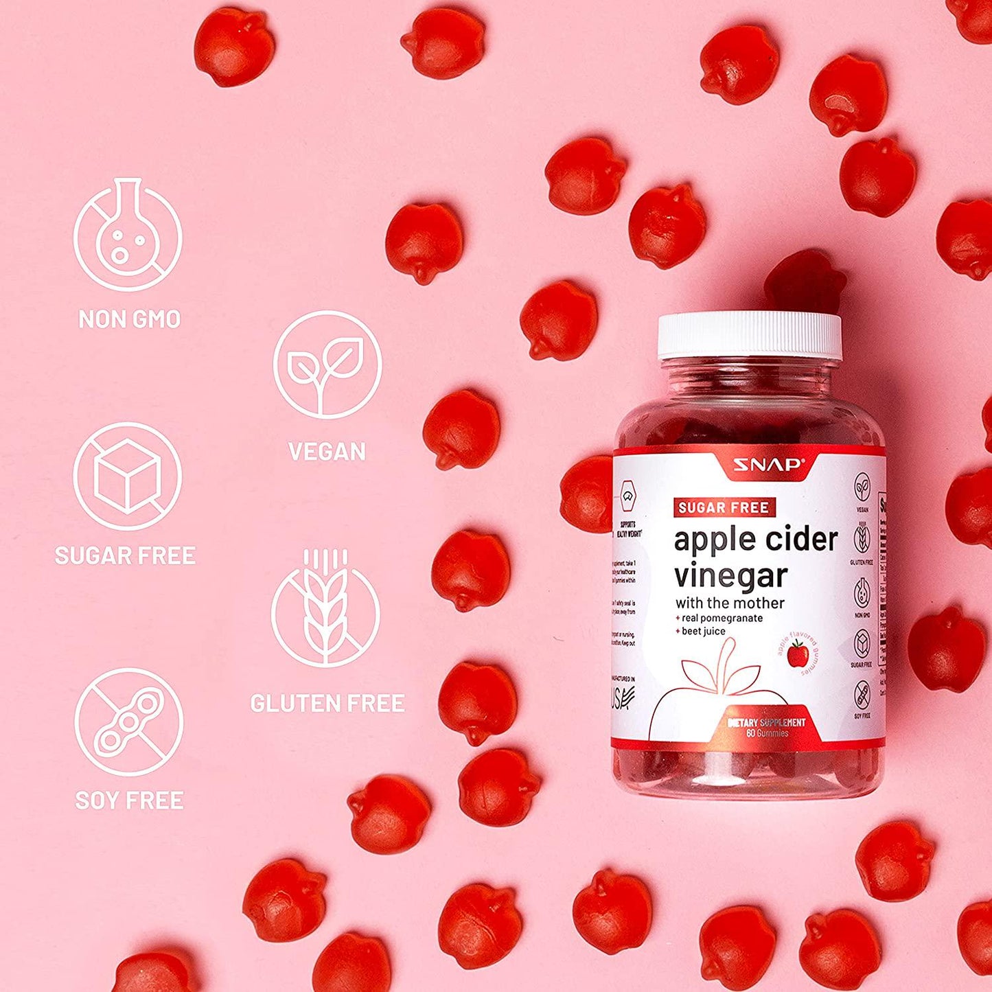 ACV Gummies Apple Cider Vinegar Gummies with The Mother - Gummy Vitamins for Detox and Cleanse, Weight Management, Immunity and Metabolism, Pomegranate, Beetroot - 60 Gummies (Sugar Free)