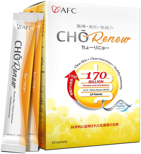 AFC Japan Cho Renew -170 Billions Patented Probiotics, 3X More Effective, with Silk Peptide and Fiber, for Clearer Skin, Stomach Acid Resistant, No Need for Refrigeration, 15 sachets