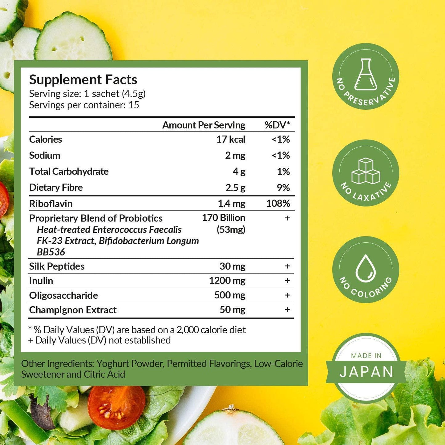 AFC Japan Cho Renew -170 Billions Patented Probiotics, 3X More Effective, with Silk Peptide and Fiber, for Clearer Skin, Stomach Acid Resistant, No Need for Refrigeration, 15 sachets