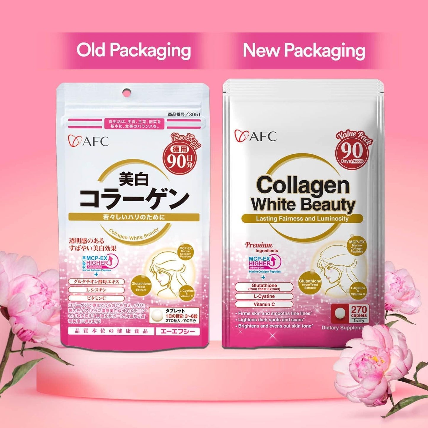 AFC Japan Collagen White Beauty with Marine Collagen Peptide, Glutathione, L-Cystine - 1.5X Better Absorption Than Other Collagen – for Skin Firmness and Whitening– 90 Days Supply's
