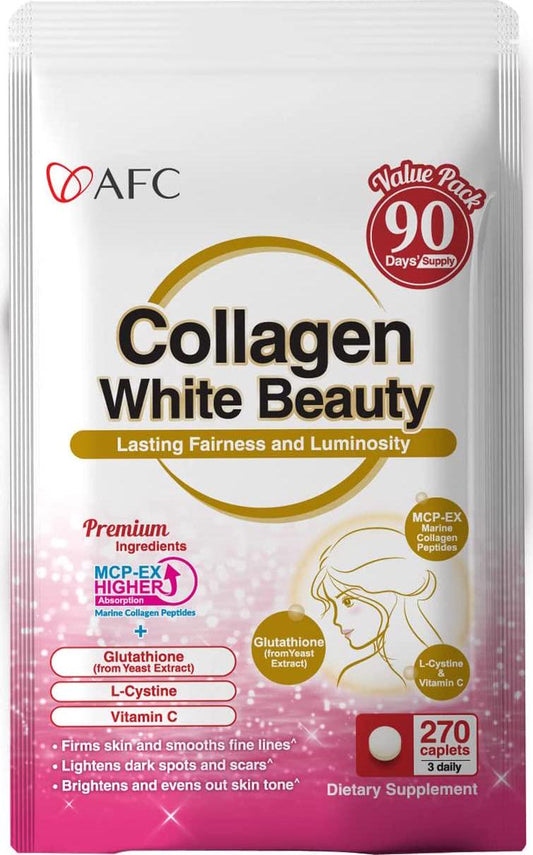 AFC Japan Collagen White Beauty with Marine Collagen Peptide, Glutathione, L-Cystine - 1.5X Better Absorption Than Other Collagen – for Skin Firmness and Whitening– 90 Days Supply's