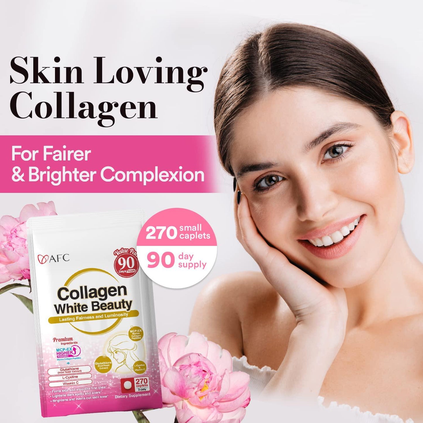 AFC Japan Collagen White Beauty with Marine Collagen Peptide, Glutathione, L-Cystine - 1.5X Better Absorption Than Other Collagen – for Skin Firmness and Whitening– 90 Days Supply's