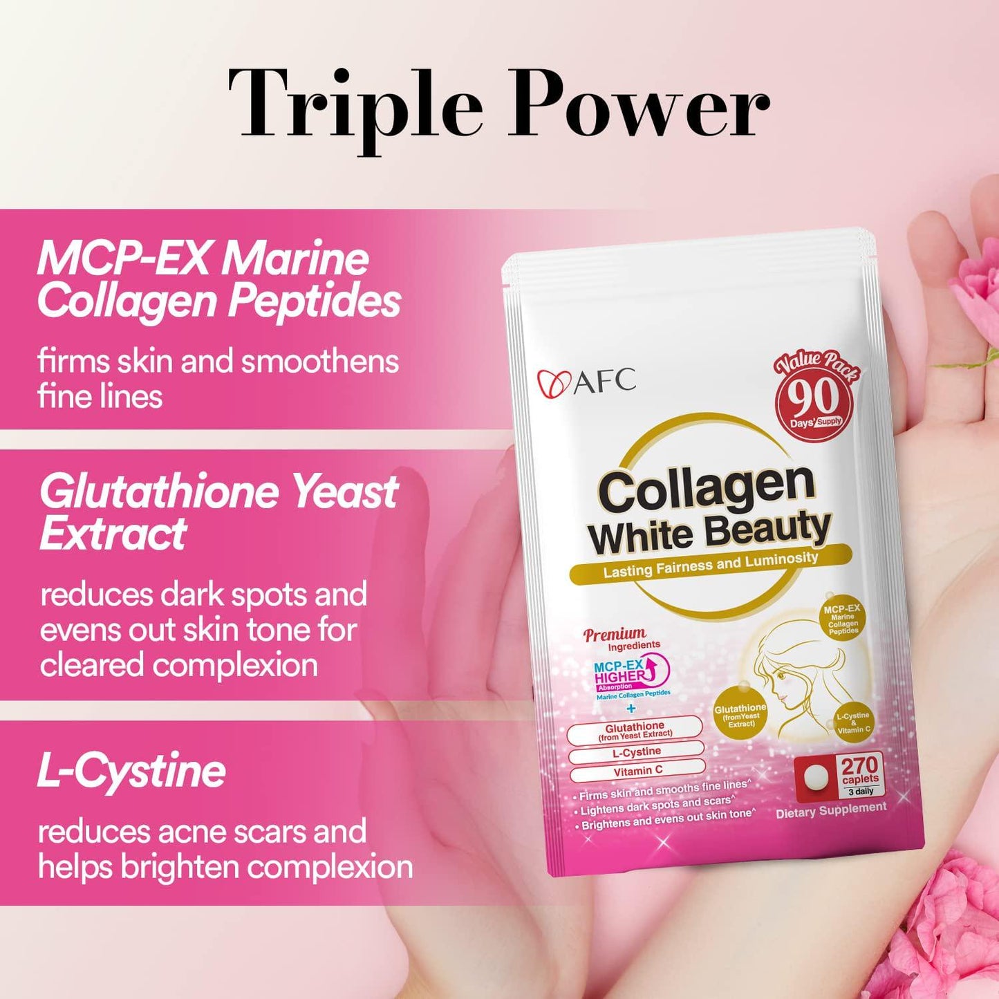 AFC Japan Collagen White Beauty with Marine Collagen Peptide, Glutathione, L-Cystine - 1.5X Better Absorption Than Other Collagen – for Skin Firmness and Whitening– 90 Days Supply's