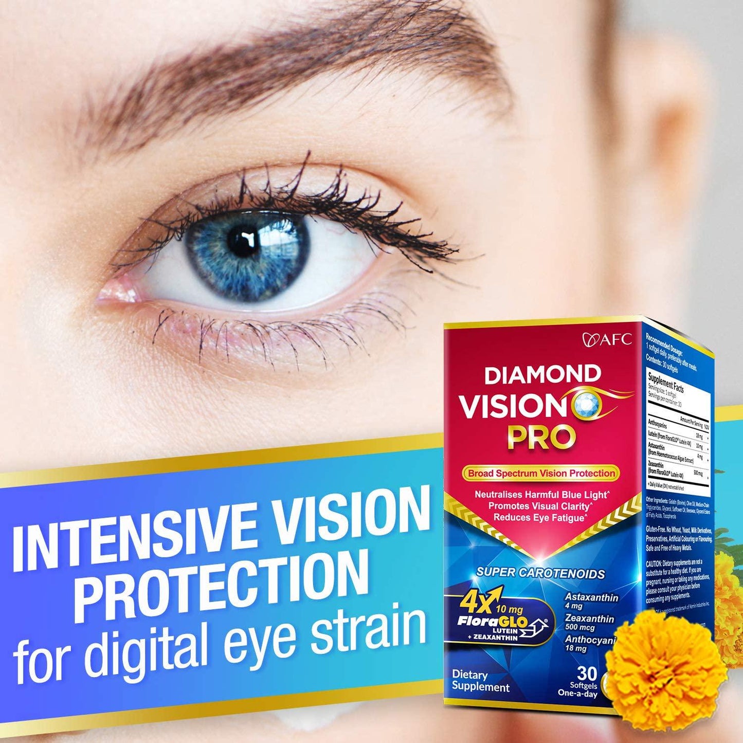 AFC Japan Diamond Vision PRO - Eye Formula with FloraGLO Lutein 4X, Zeaxanthin, Astaxanthin and Bilberry Extract for Eye Strain, Eye Fatigue, Blurry and Poor Vision, Dry Eye, Macular Health, 30 Counts