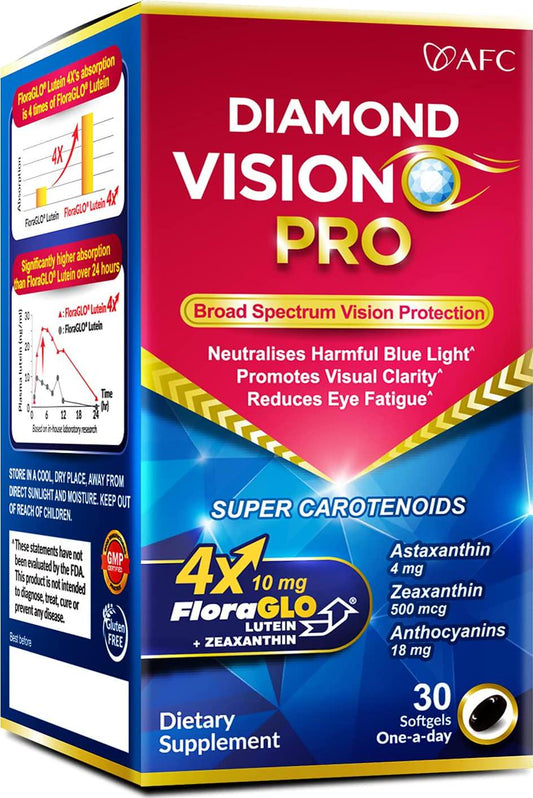 AFC Japan Diamond Vision PRO - Eye Formula with FloraGLO Lutein 4X, Zeaxanthin, Astaxanthin and Bilberry Extract for Eye Strain, Eye Fatigue, Blurry and Poor Vision, Dry Eye, Macular Health, 30 Counts