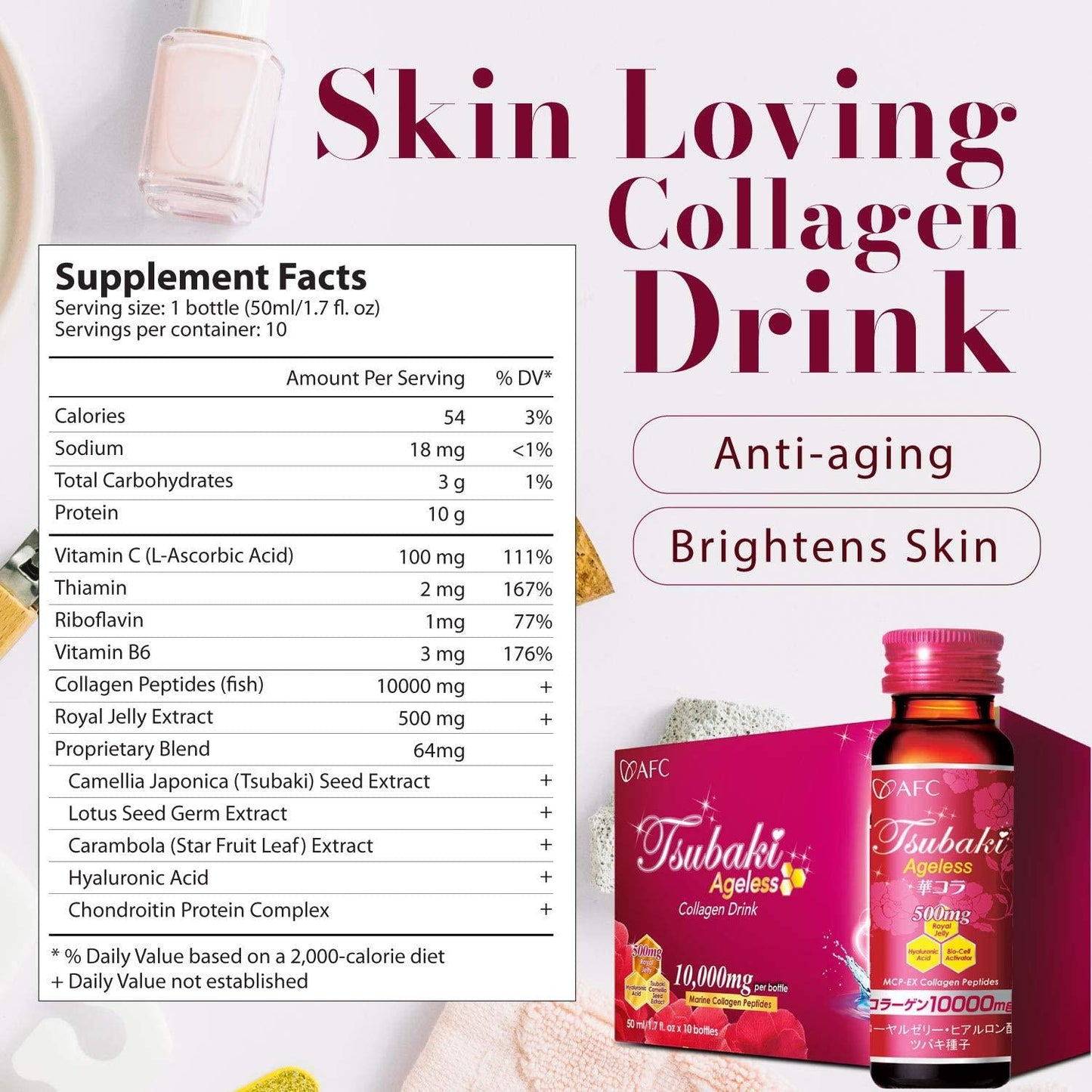 AFC Japan Tsubaki Ageless Beauty Collagen Drink from Japan with 10,000mg Marine Collagen Peptides + 500mg Royal Jelly + Hyaluronic Acid + Vitamin Bs and C for Skin Revitalization (1.69fl.ozx10 Bottles)