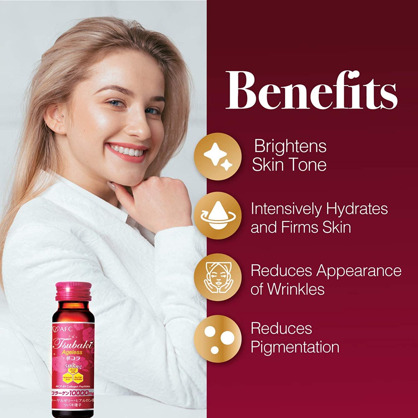 AFC Japan Tsubaki Ageless Beauty Collagen Drink from Japan with 10,000mg Marine Collagen Peptides + 500mg Royal Jelly + Hyaluronic Acid + Vitamin Bs and C for Skin Revitalization (1.69fl.ozx10 Bottles)