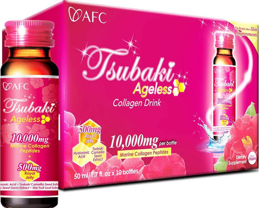 AFC Japan Tsubaki Ageless Beauty Collagen Drink from Japan with 10,000mg Marine Collagen Peptides + 500mg Royal Jelly + Hyaluronic Acid + Vitamin Bs and C for Skin Revitalization (1.69fl.ozx10 Bottles)