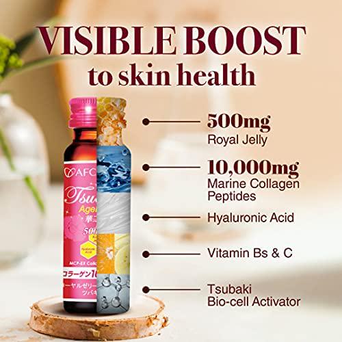 AFC Japan Tsubaki Ageless Beauty Collagen Drink from Japan with 10,000mg Marine Collagen Peptides + 500mg Royal Jelly + Hyaluronic Acid + Vitamin Bs and C for Skin Revitalization (1.69fl.ozx10 Bottles)