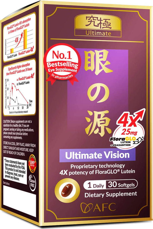 AFC Japan Ultimate Vision - 125mg FloraGLO Lutein Extract, DHA Extract & Bilberry Extract for Age-Related Vision Concerns.