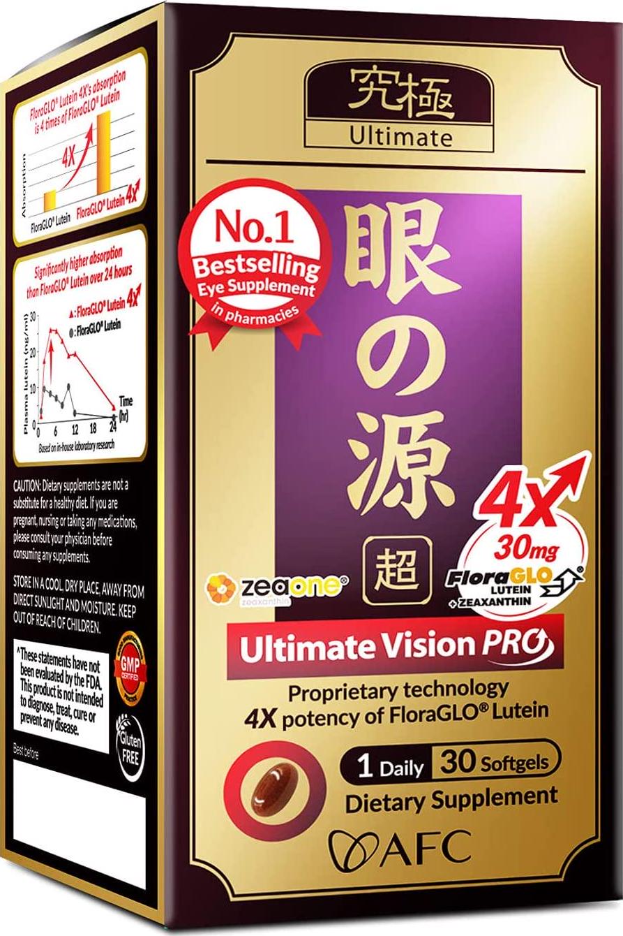 AFC Japan Ultimate Vision PRO - Eye Formula with FloraGLO Lutein, Zeaxanthin, DHA, Bilberry Extract and Astaxanthin for Age-Related Eye Problem, Blurry and Poor Vision, Dry Eye, Macular Health, 30 Counts