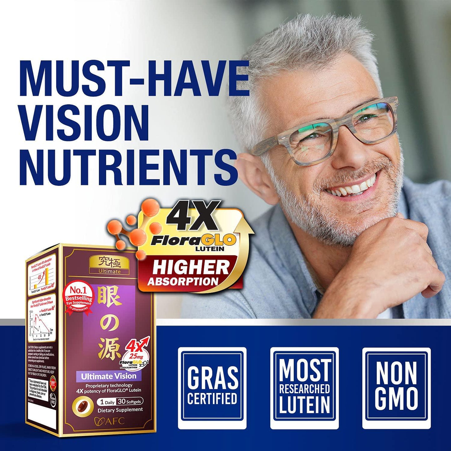 AFC Japan Ultimate Vision - 125mg FloraGLO Lutein Extract, DHA Extract & Bilberry Extract for Age-Related Vision Concerns.