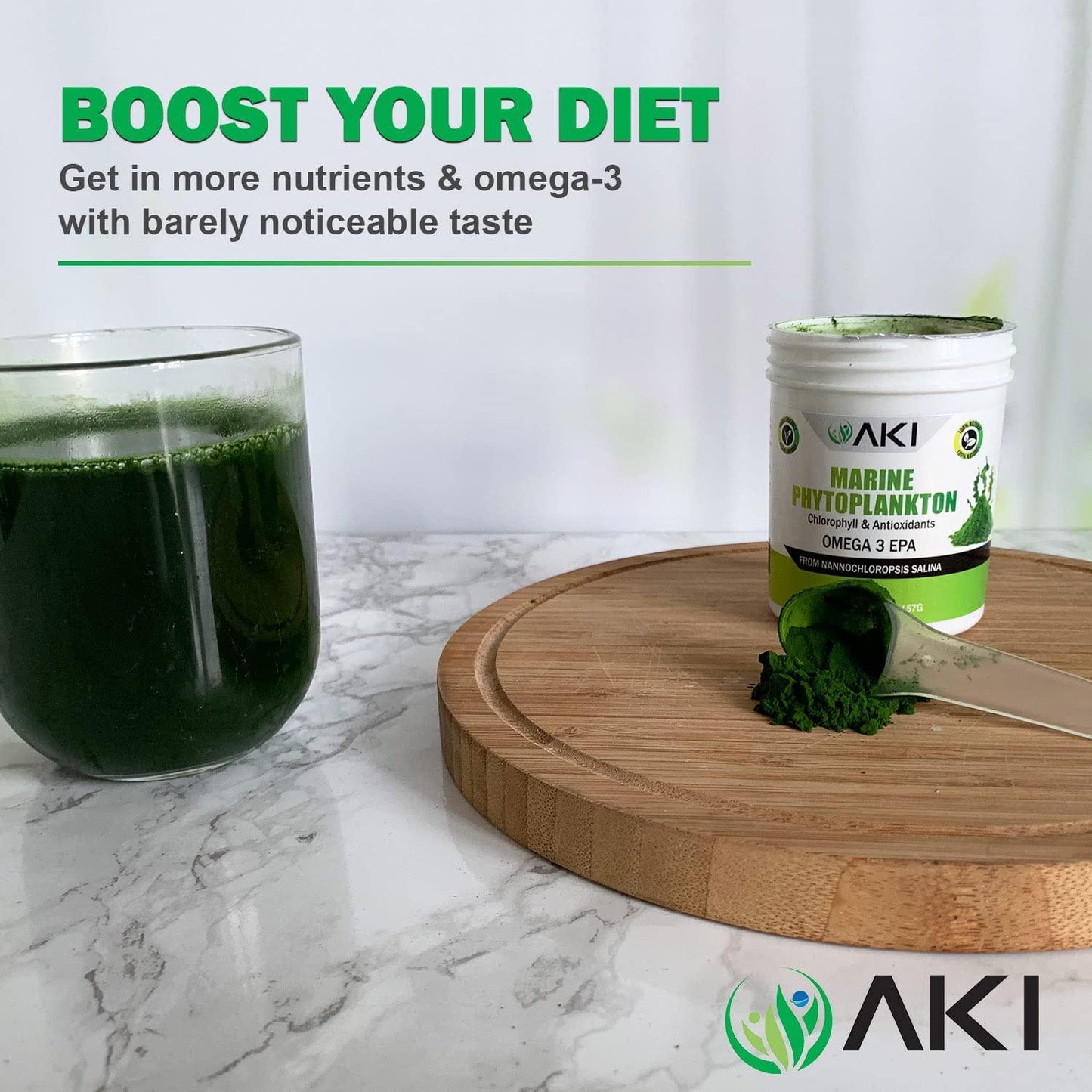 AKI Marine Phytoplankton Powder, Raw Omega 3 EPA Micro Algae Nannochloropsis Supplement - Plant Based Proteins, Vitamins for Brain Health, Immune Health and Inflammation | Vegan and GMO Free (2 Oz / 57G)