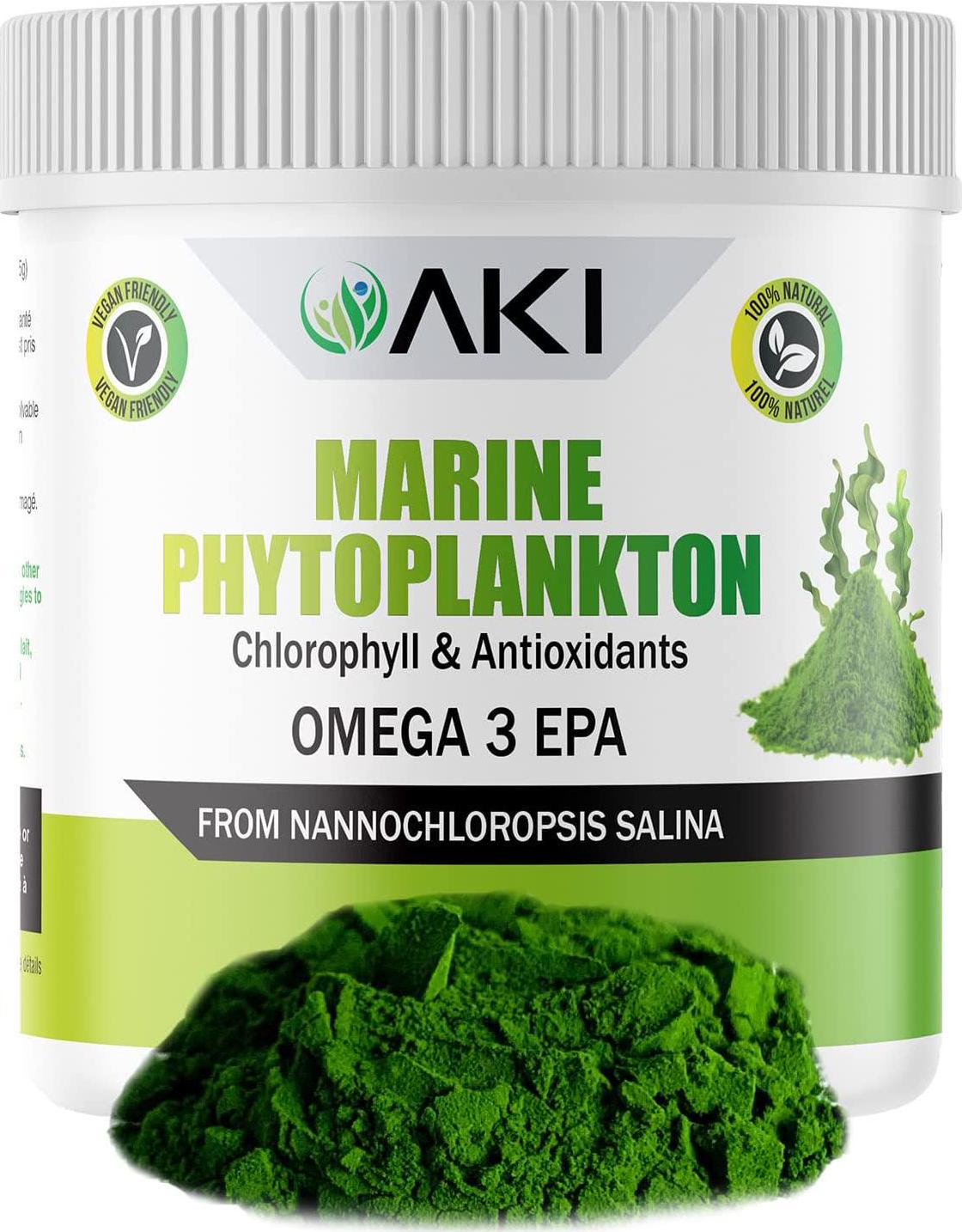 AKI Marine Phytoplankton Powder, Raw Omega 3 EPA Micro Algae Nannochloropsis Supplement - Plant Based Proteins, Vitamins for Brain Health, Immune Health and Inflammation | Vegan and GMO Free (2 Oz / 57G)