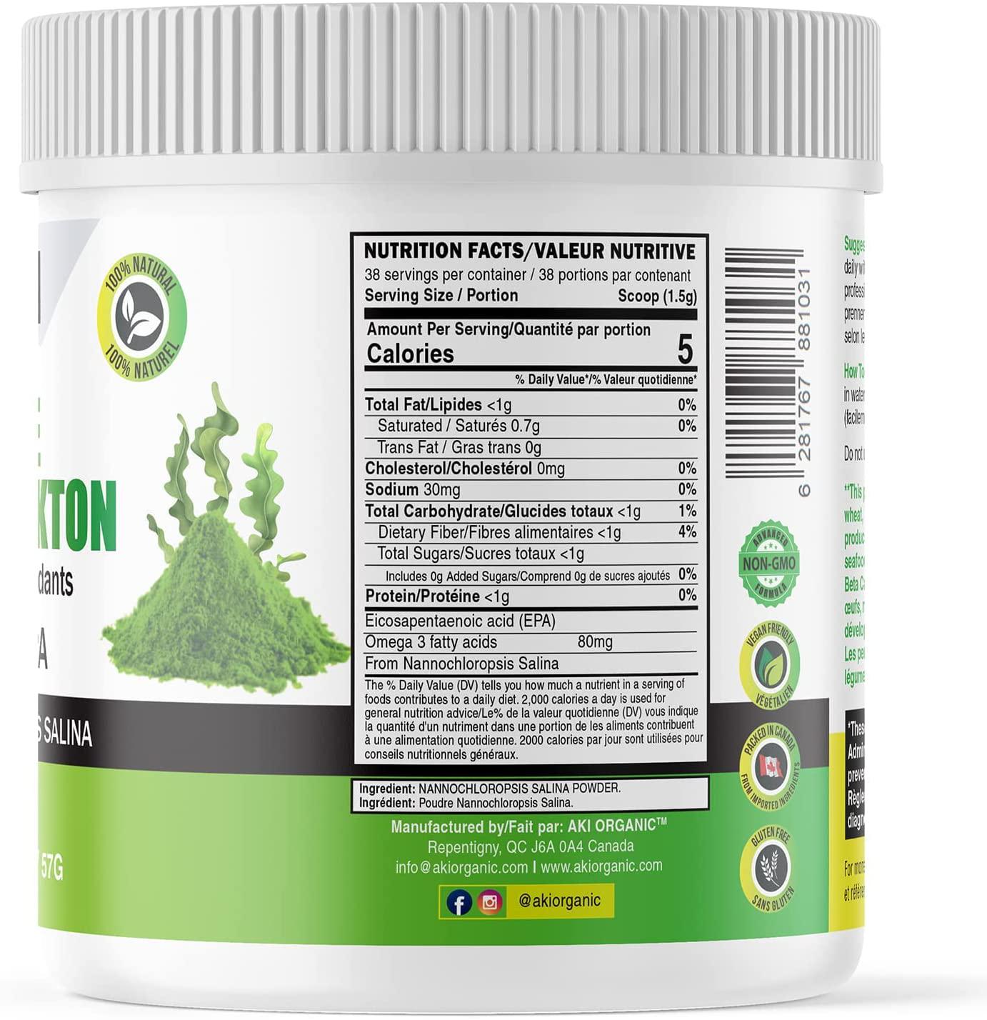 AKI Marine Phytoplankton Powder, Raw Omega 3 EPA Micro Algae Nannochloropsis Supplement - Plant Based Proteins, Vitamins for Brain Health, Immune Health and Inflammation | Vegan and GMO Free (2 Oz / 57G)