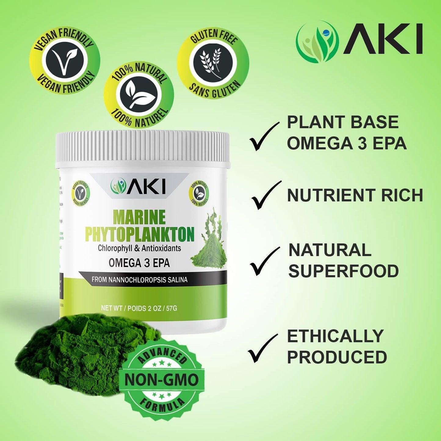 AKI Marine Phytoplankton Powder, Raw Omega 3 EPA Micro Algae Nannochloropsis Supplement - Plant Based Proteins, Vitamins for Brain Health, Immune Health and Inflammation | Vegan and GMO Free (2 Oz / 57G)