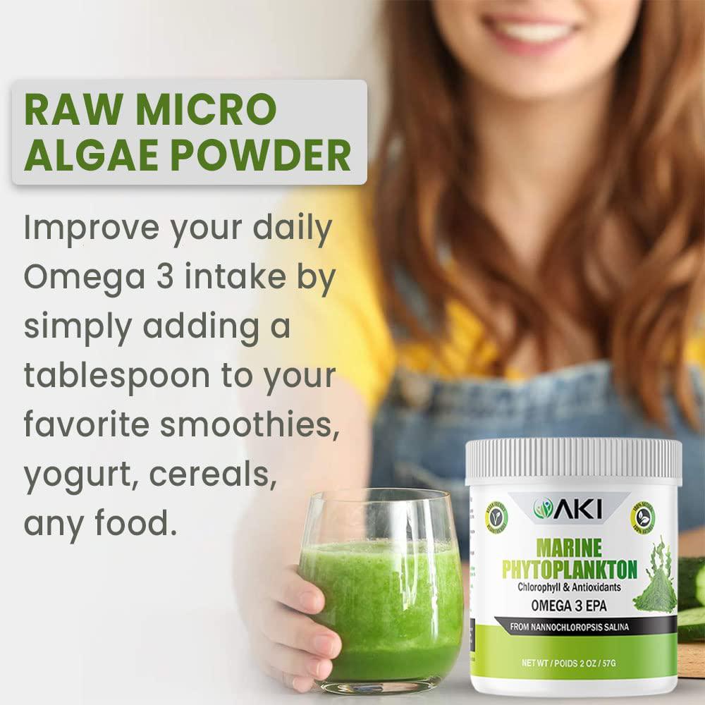 AKI Marine Phytoplankton Powder, Raw Omega 3 EPA Micro Algae Nannochloropsis Supplement - Plant Based Proteins, Vitamins for Brain Health, Immune Health and Inflammation | Vegan and GMO Free (2 Oz / 57G)