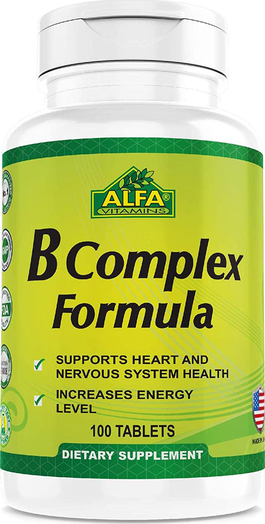 ALFA VITAMINS B Complex Formula - Daily Nutritional Supplement - Vitamins B1 - B2 - B3 - B5 - B6 - B7 - B9 - B12 -for a Healthier Heart and Nervous System, and Natural Energy Increase - 100 Tablets