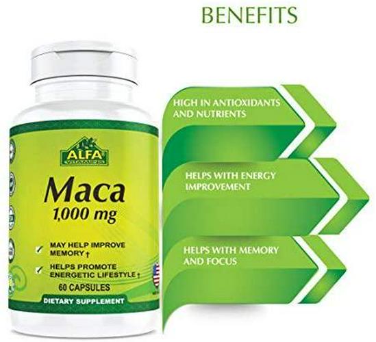 ALFA VITAMINS Pure Maca 1,000 Mg - Maca Root 60 Capsules- Promotes Immune Function, Positive Mood and Reduce Fatigue, Focus and Brain Health - Herbal Supplement - 60 Capsules