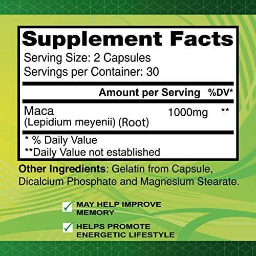 ALFA VITAMINS Pure Maca 1,000 Mg - Maca Root 60 Capsules- Promotes Immune Function, Positive Mood and Reduce Fatigue, Focus and Brain Health - Herbal Supplement - 60 Capsules