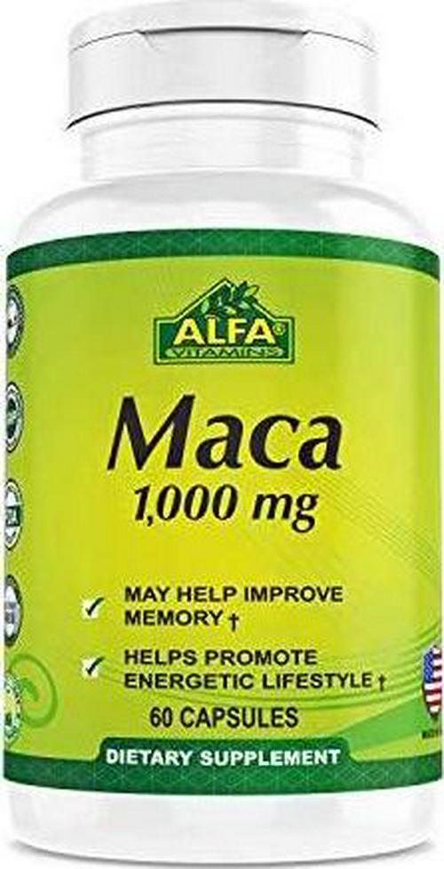 ALFA VITAMINS Pure Maca 1,000 Mg - Maca Root 60 Capsules- Promotes Immune Function, Positive Mood and Reduce Fatigue, Focus and Brain Health - Herbal Supplement - 60 Capsules