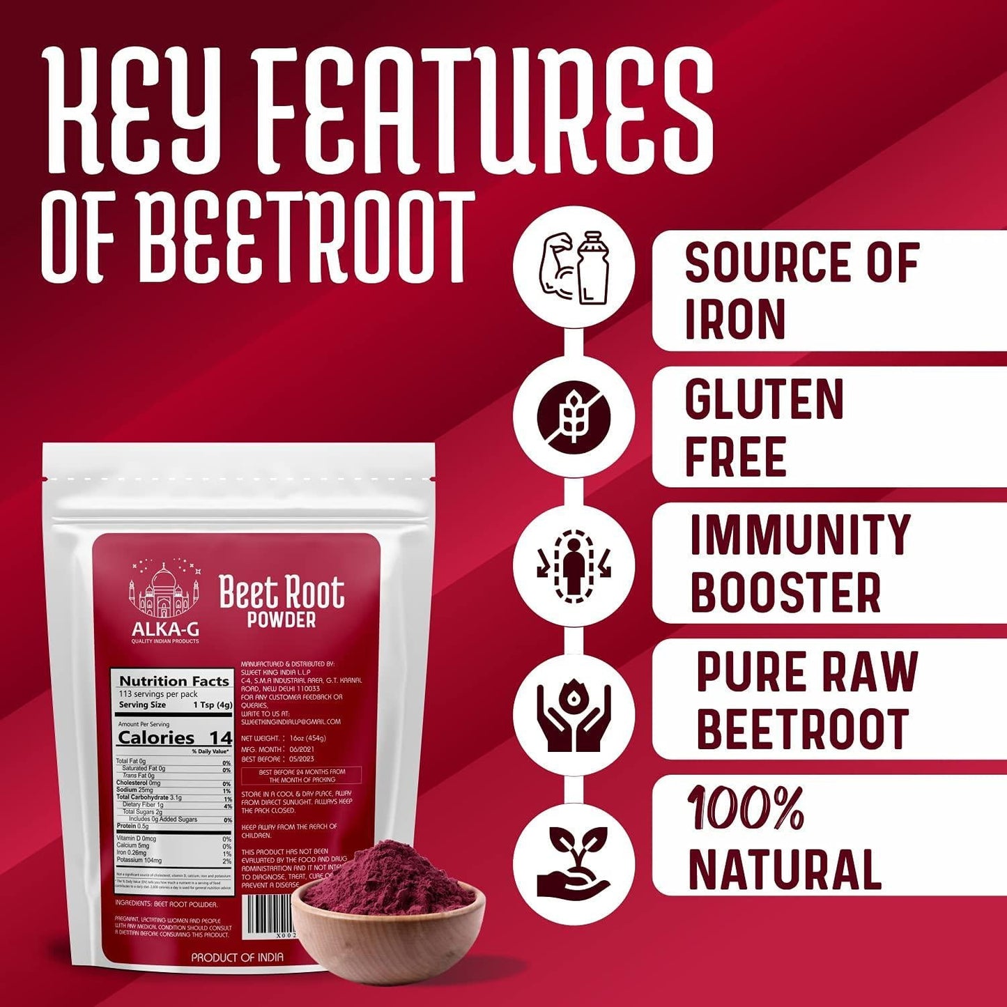 ALKA-G Beetroot Powder 16 Oz | Superfood Beetroot Supplement Pre Workout Booster and Natural Energy | 100% Organic Beetroot Powder for Smoothies, Baking, and Cooking