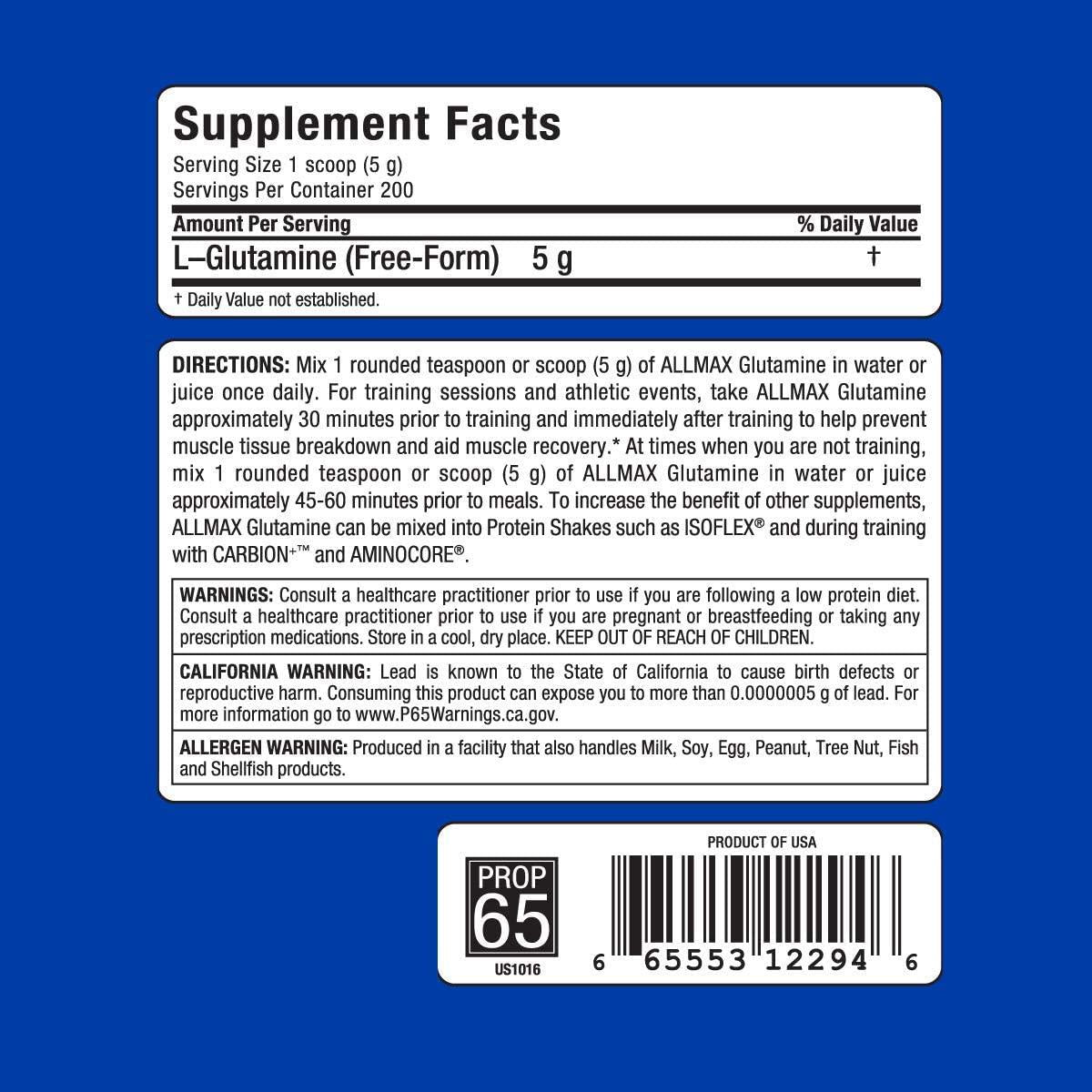 ALLMAX Nutrition 100% Pure Micronized Glutamine Powder, 1000g