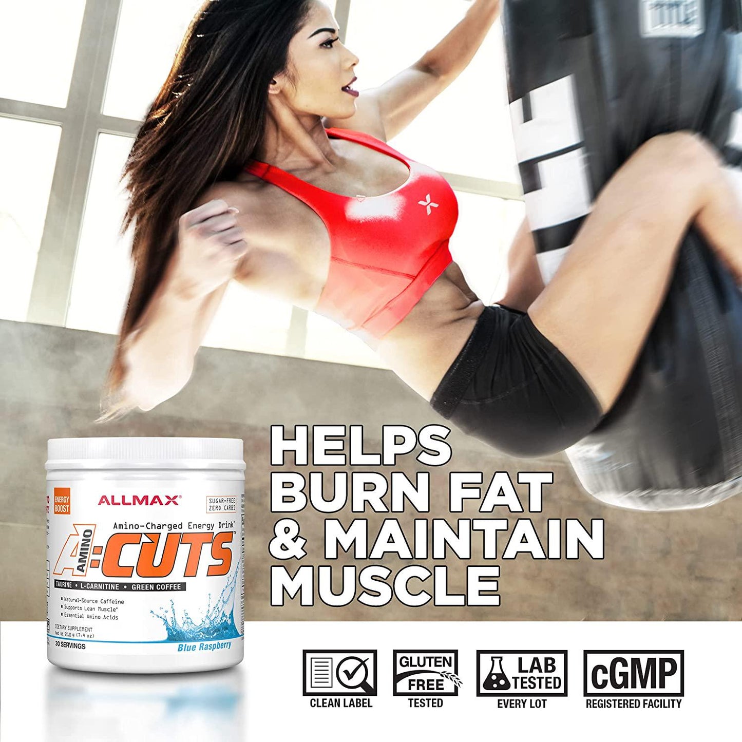 ALLMAX Nutrition AMINOCUTS (ACUTS), Amino-Charged Energy Drink with Taurine, L-Carnitine, Green Coffee Bean Extract, Blue Raspberry, 30 Servings