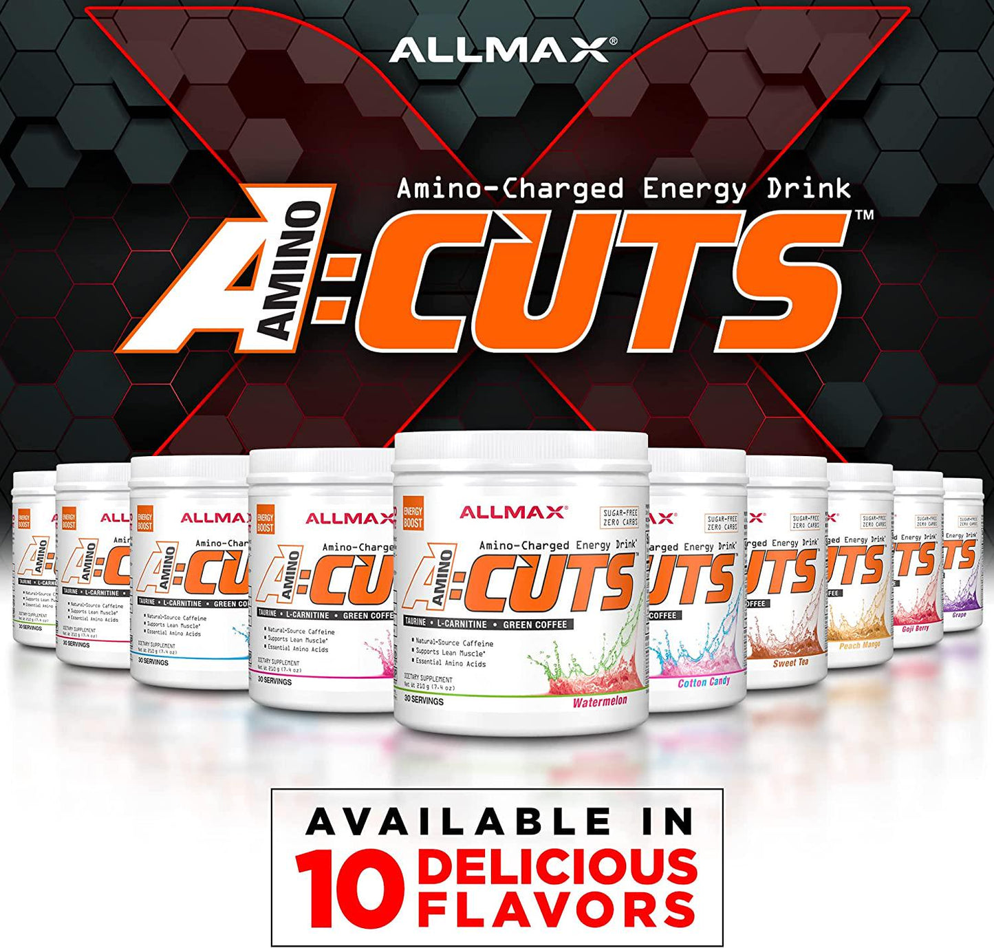 ALLMAX Nutrition AMINOCUTS (ACUTS), Amino-Charged Energy Drink with Taurine, L-Carnitine, Green Coffee Bean Extract, Blue Raspberry, 30 Servings