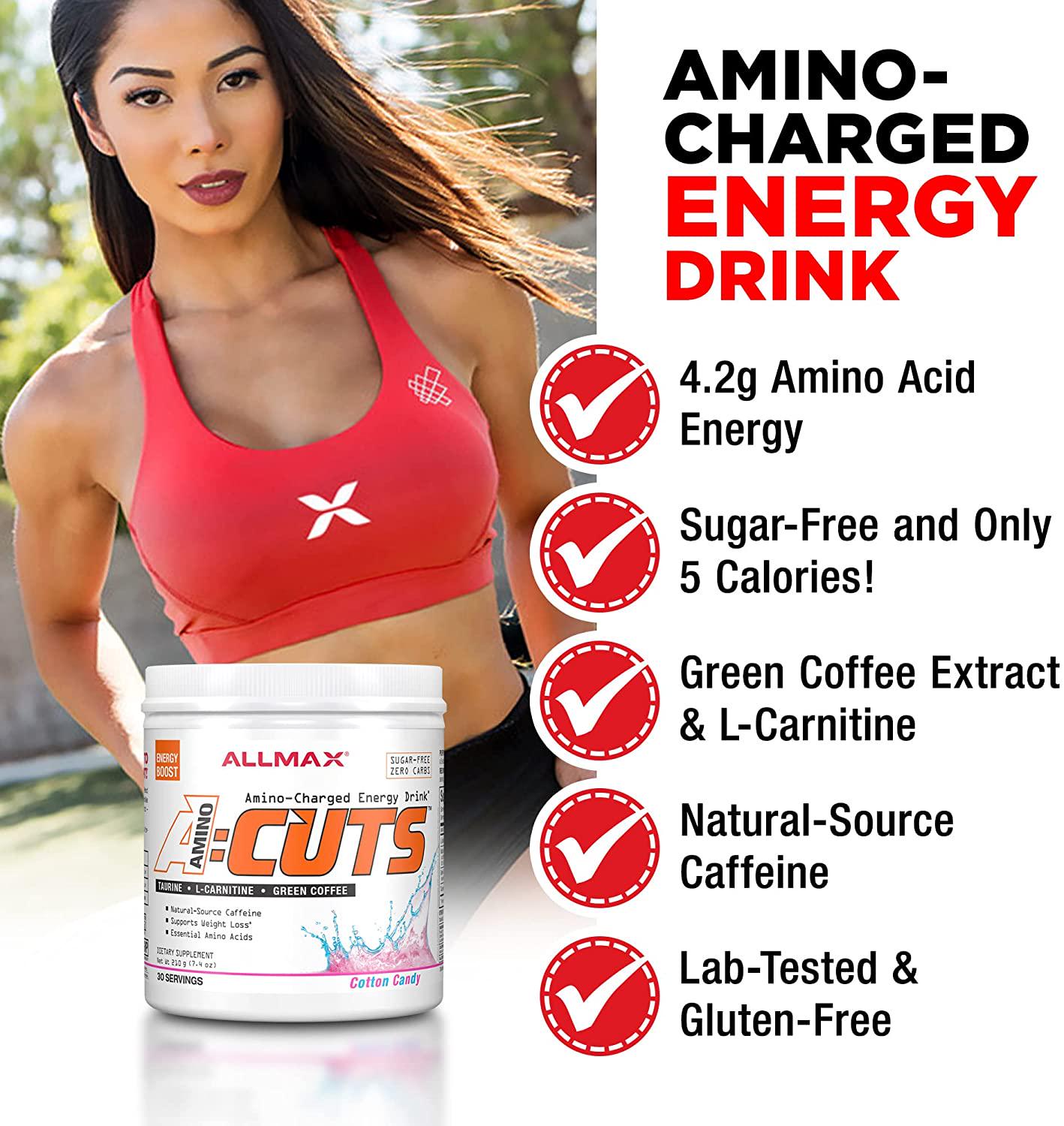 ALLMAX Nutrition AMINOCUTS (ACUTS), Amino-Charged Energy Drink with Taurine, L-Carnitine, Green Coffee Bean Extract, Blue Raspberry, 30 Servings