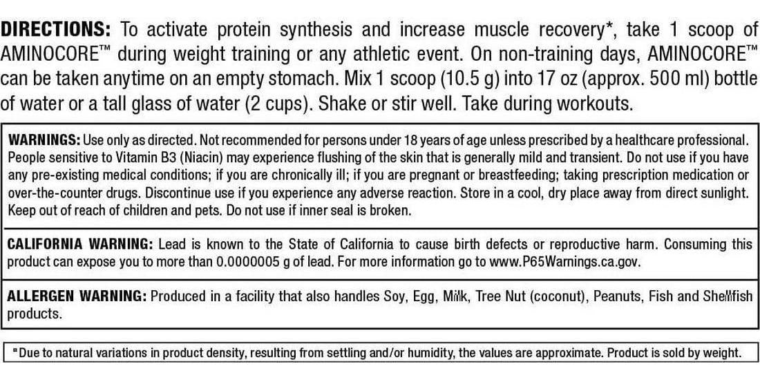 ALLMAX Nutrition AMINOCORE BCAA Powder, 8.18 Grams of Amino Acids, Intra and Post Workout Recovery Drink, Gluten Free, Blue Raspberry, 945 g