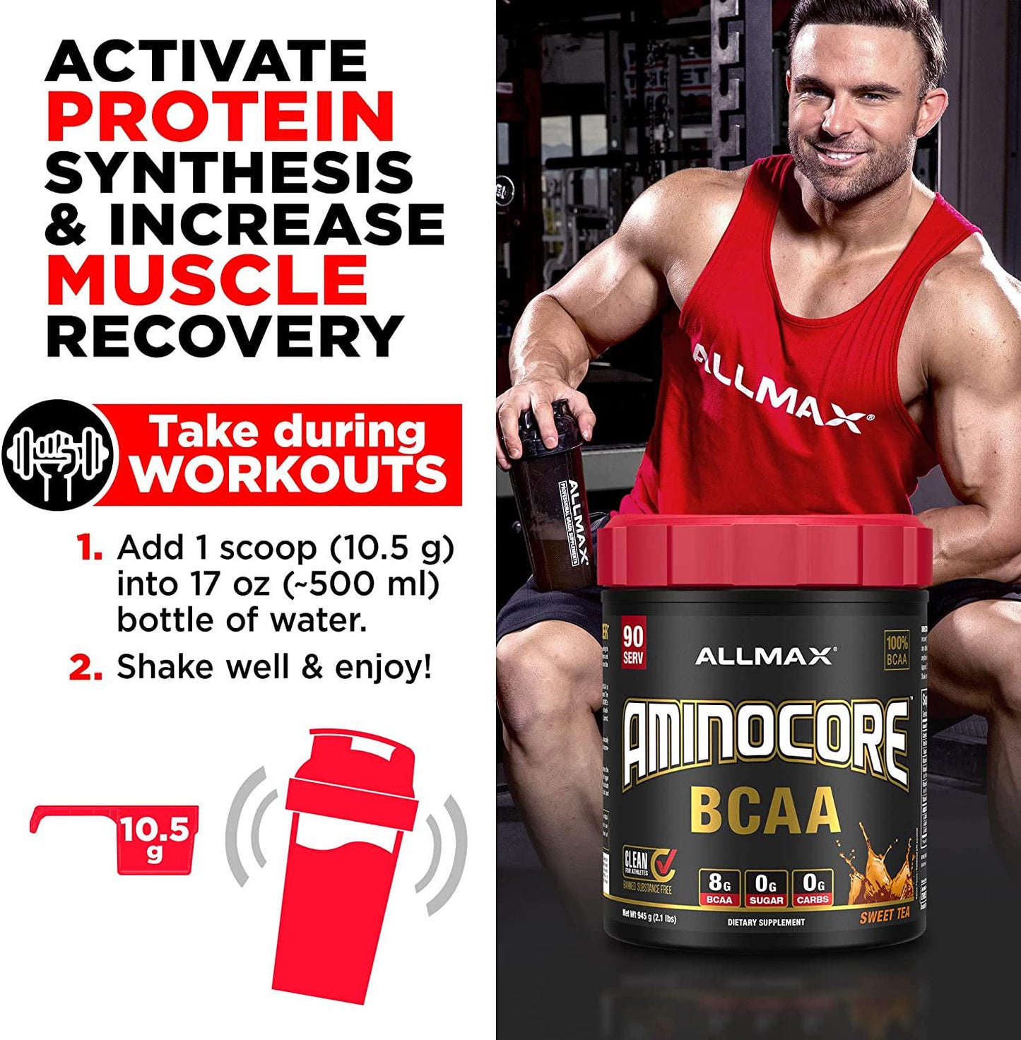 ALLMAX Nutrition AMINOCORE BCAA Powder, 8.18 Grams of Amino Acids, Intra and Post Workout Recovery Drink, Gluten Free, Sweet Tea, 315 g