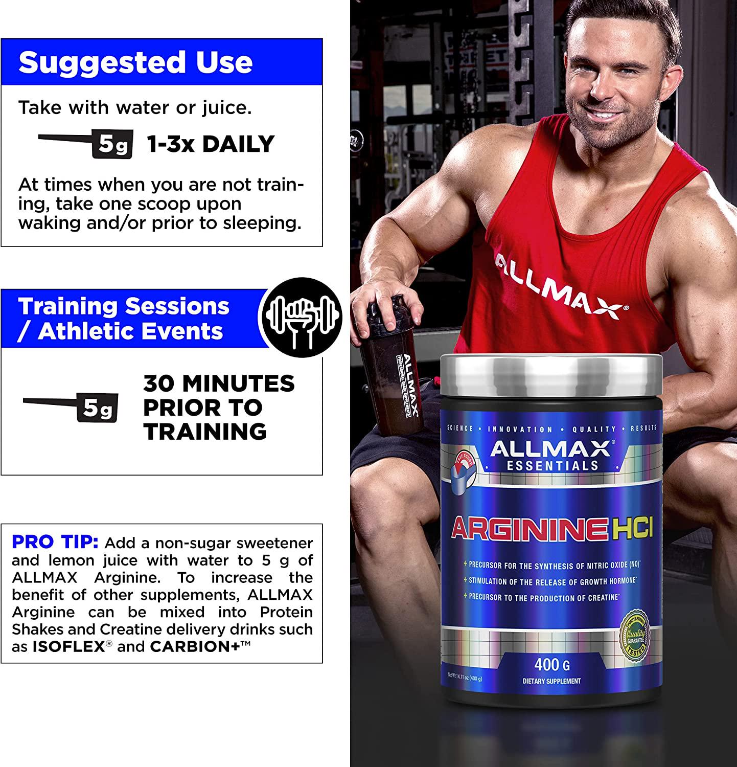 ALLMAX Nutrition Arginine, L - Arginine Powder for Men and Women, Provides Cardiovascular Support and Muscle Growth, Helps Improve Synthesis of Nitric Oxide and Blood Flow, 400 grams
