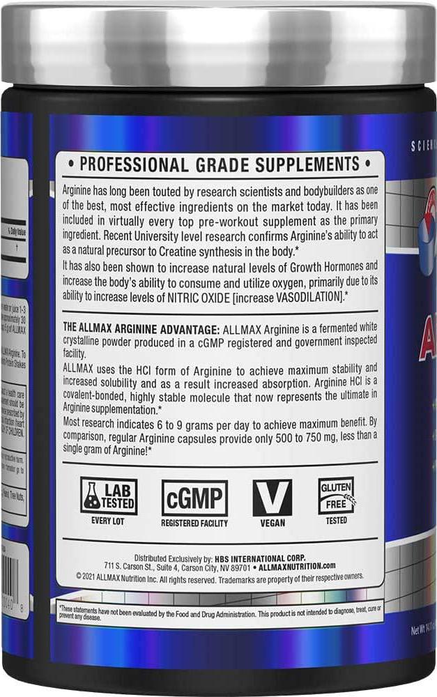 ALLMAX Nutrition Arginine, L - Arginine Powder for Men and Women, Provides Cardiovascular Support and Muscle Growth, Helps Improve Synthesis of Nitric Oxide and Blood Flow, 400 grams