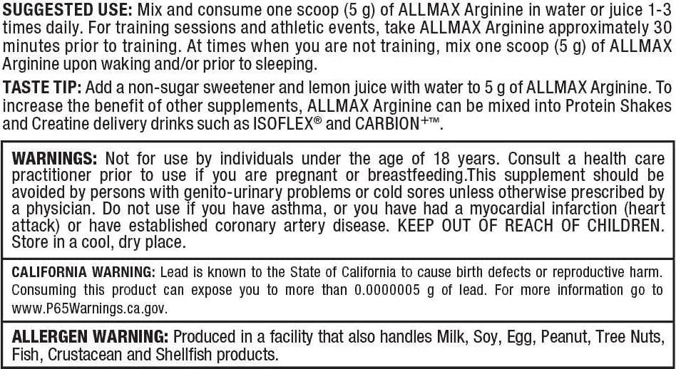 ALLMAX Nutrition Arginine, L - Arginine Powder for Men and Women, Provides Cardiovascular Support and Muscle Growth, Helps Improve Synthesis of Nitric Oxide and Blood Flow, 400 grams