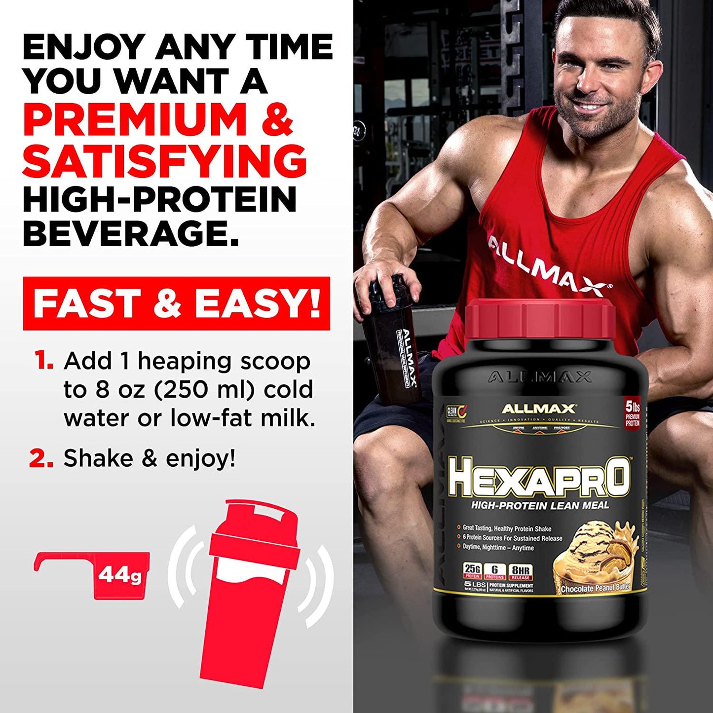 ALLMAX Nutrition - HEXAPRO Protein Powder, 6 Protein Sources for Sustained Release, Protein Blend, Gluten Free, 25 Grams of Protein, Chocolate, 5 Pound