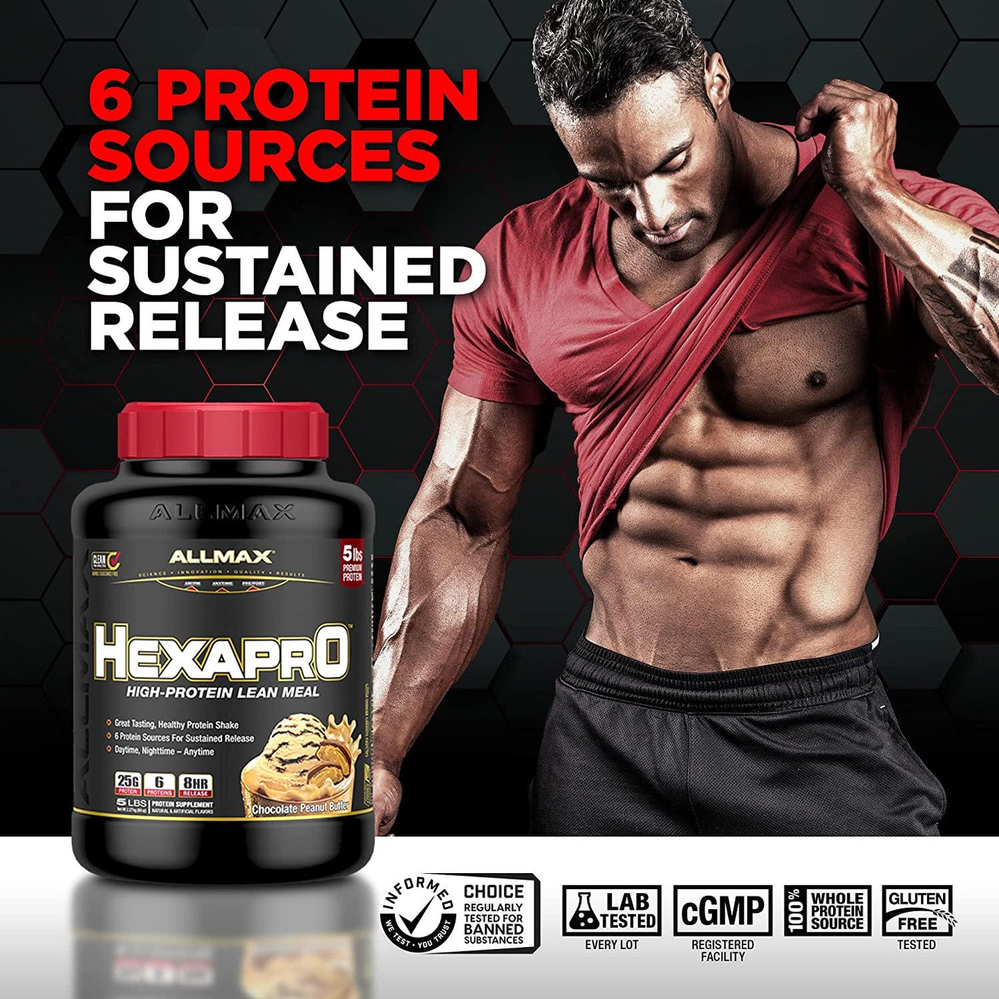 ALLMAX Nutrition - HEXAPRO Protein Powder, 6 Protein Sources for Sustained Release, Protein Blend, Gluten Free, 25 Grams of Protein, Chocolate, 5 Pound