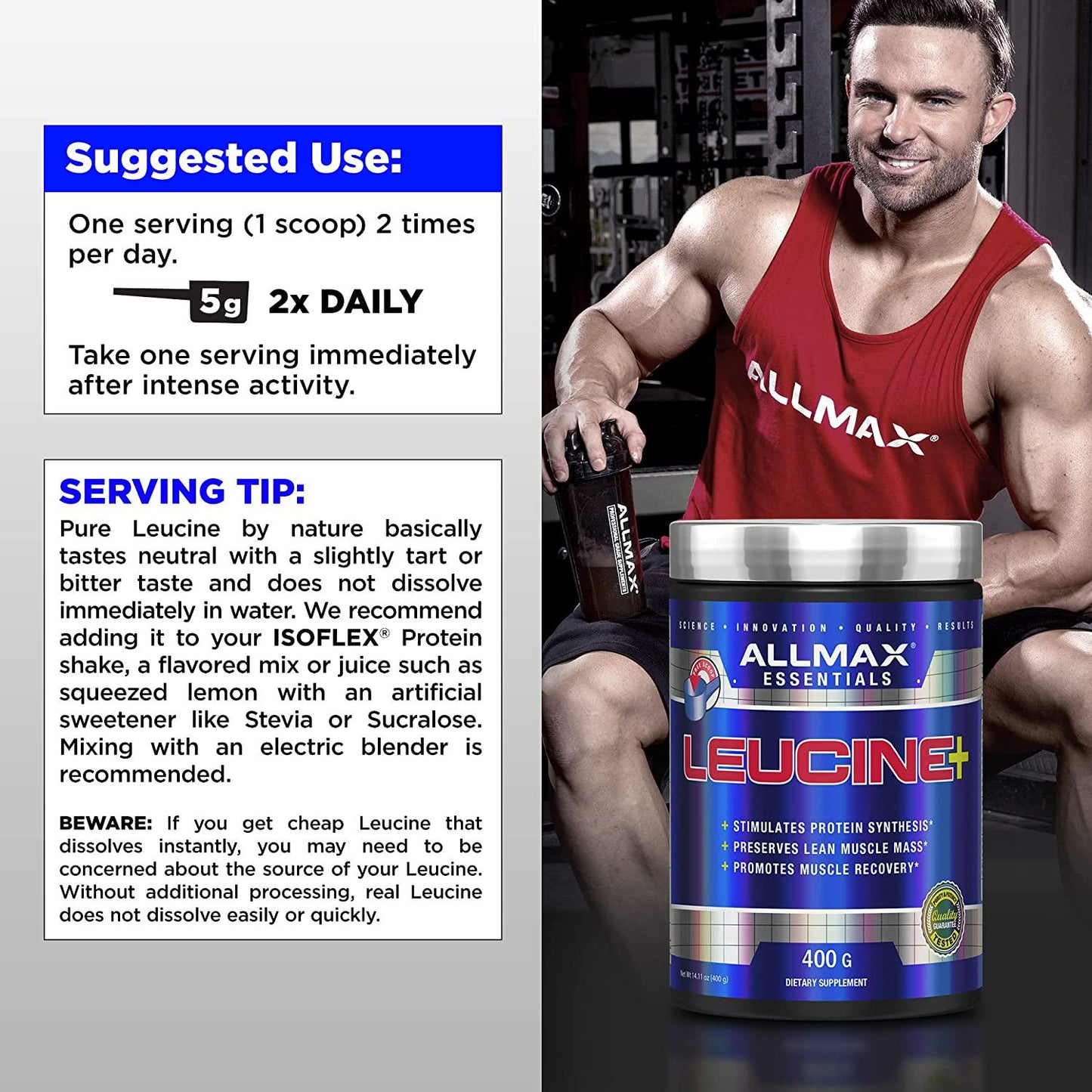 ALLMAX Nutrition - Leucine, Leucine Powder for Muscle Recovery, Preserving Muscle Mass, and Protein Synthesis, Gluten Free, 5,000 mg, 400 grams