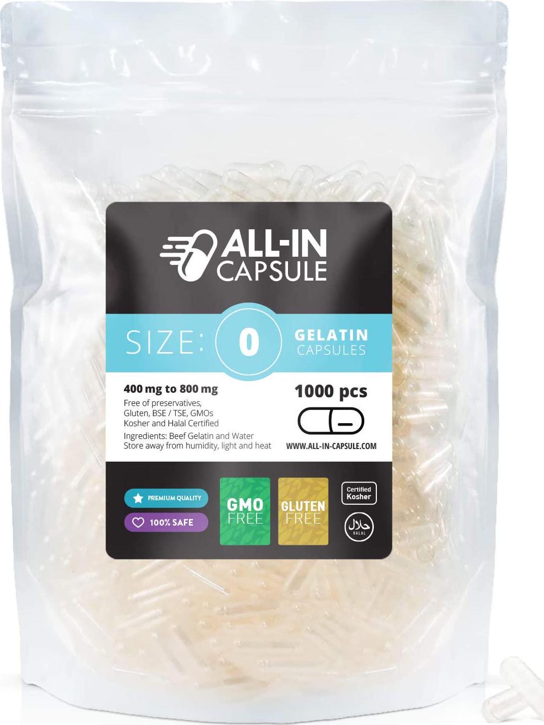 ALL-IN Capsule - 1000 Count Clear Empty Gelatin Capsules Size 0 - Compatible with Capsule Filling Machine - Fillable with Powders of Your Choice