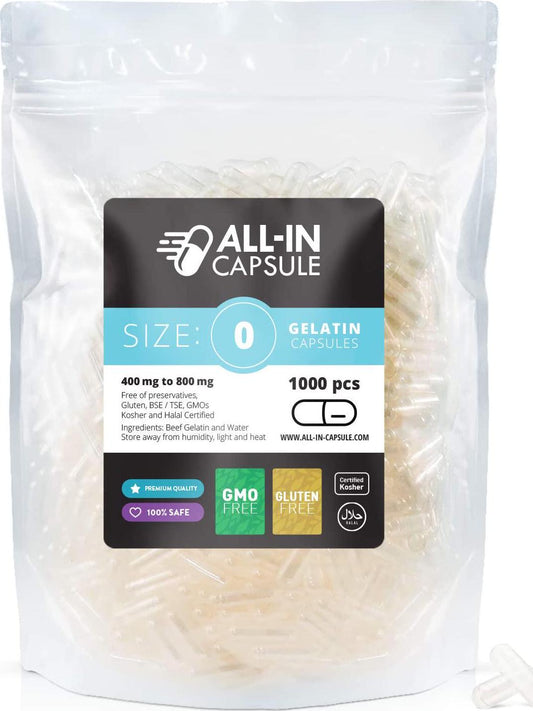 ALL-IN Capsule - 1000 Count Clear Empty Gelatin Capsules Size 0 - Compatible with Capsule Filling Machine - Fillable with Powders of Your Choice