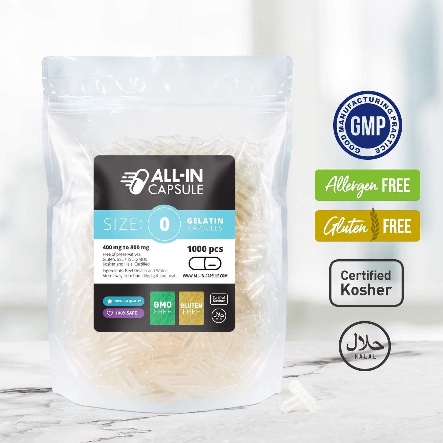 ALL-IN Capsule - 1000 Count Clear Empty Gelatin Capsules Size 0 - Compatible with Capsule Filling Machine - Fillable with Powders of Your Choice