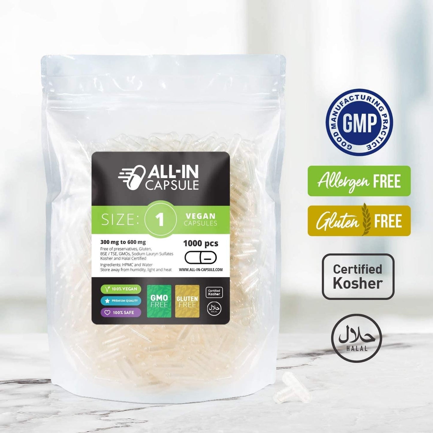 ALL-IN Capsule - 1000 Count Clear Empty Vegetarian Capsules - Compatible with Capsule Filling Machine - Fillable with Powders of Your Choice (1)
