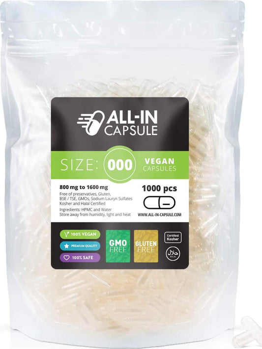 ALL-IN Capsule - 1000 Count Clear Empty Vegetarian Capsules - Compatible with Capsule Filling Machine - Fillable with Powders of Your Choice (000)