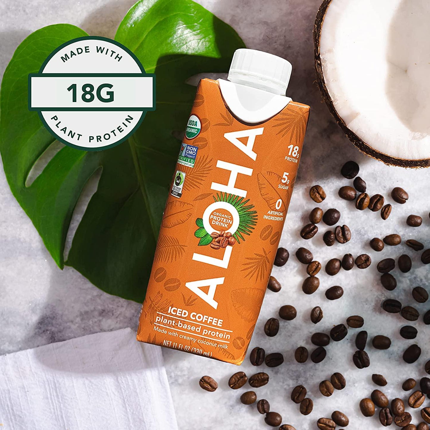 ALOHA Organic Plant Based Iced Coffee Ready to Drink Protein Shake with MCT Oil (12 Count, 11oz) 18g Protein, Low Sugar, Gluten Free, Paleo, Low Carb, Non-GMO, Soy Free, Stevia Free, Sugar Alcohol Free