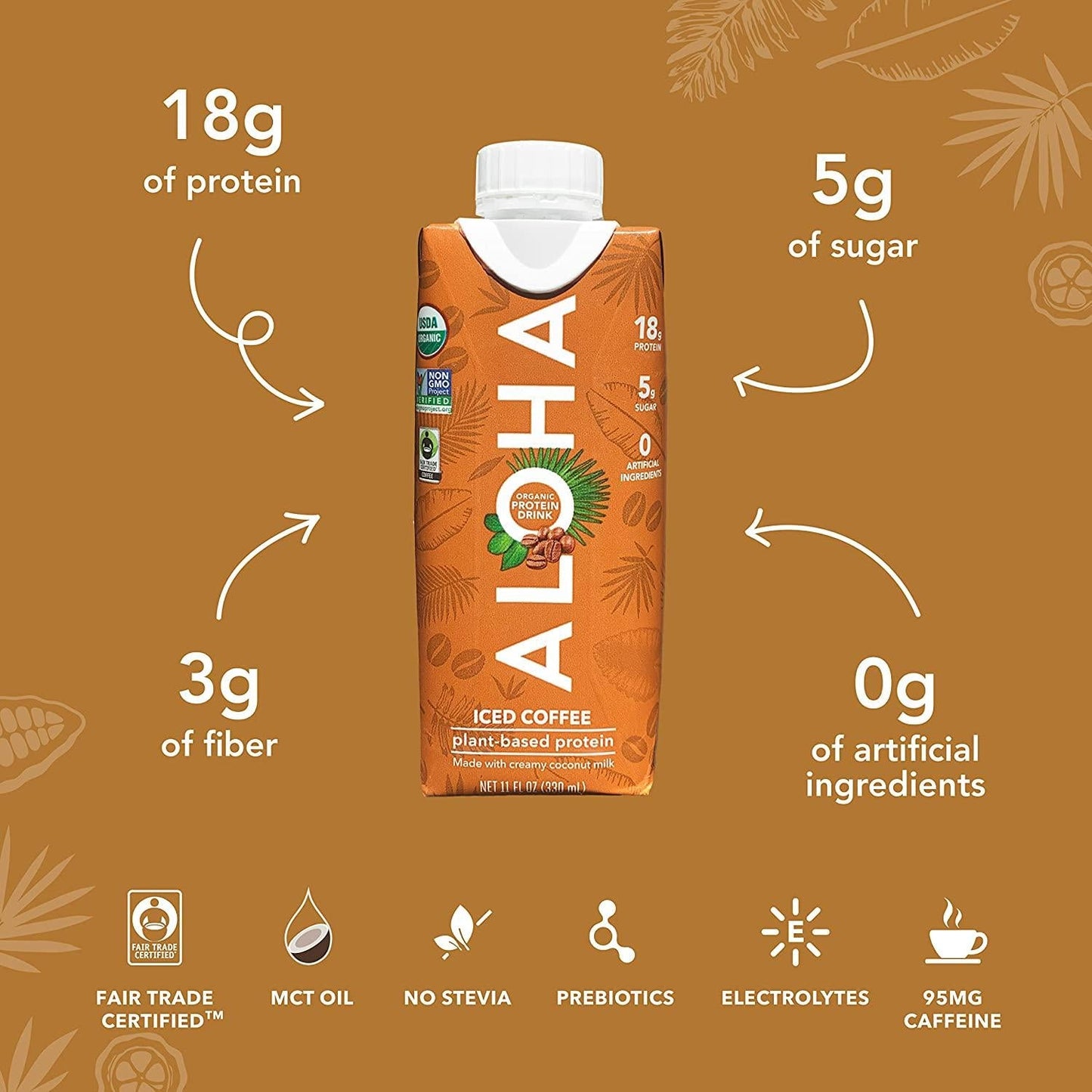 ALOHA Organic Plant Based Iced Coffee Ready to Drink Protein Shake with MCT Oil (12 Count, 11oz) 18g Protein, Low Sugar, Gluten Free, Paleo, Low Carb, Non-GMO, Soy Free, Stevia Free, Sugar Alcohol Free