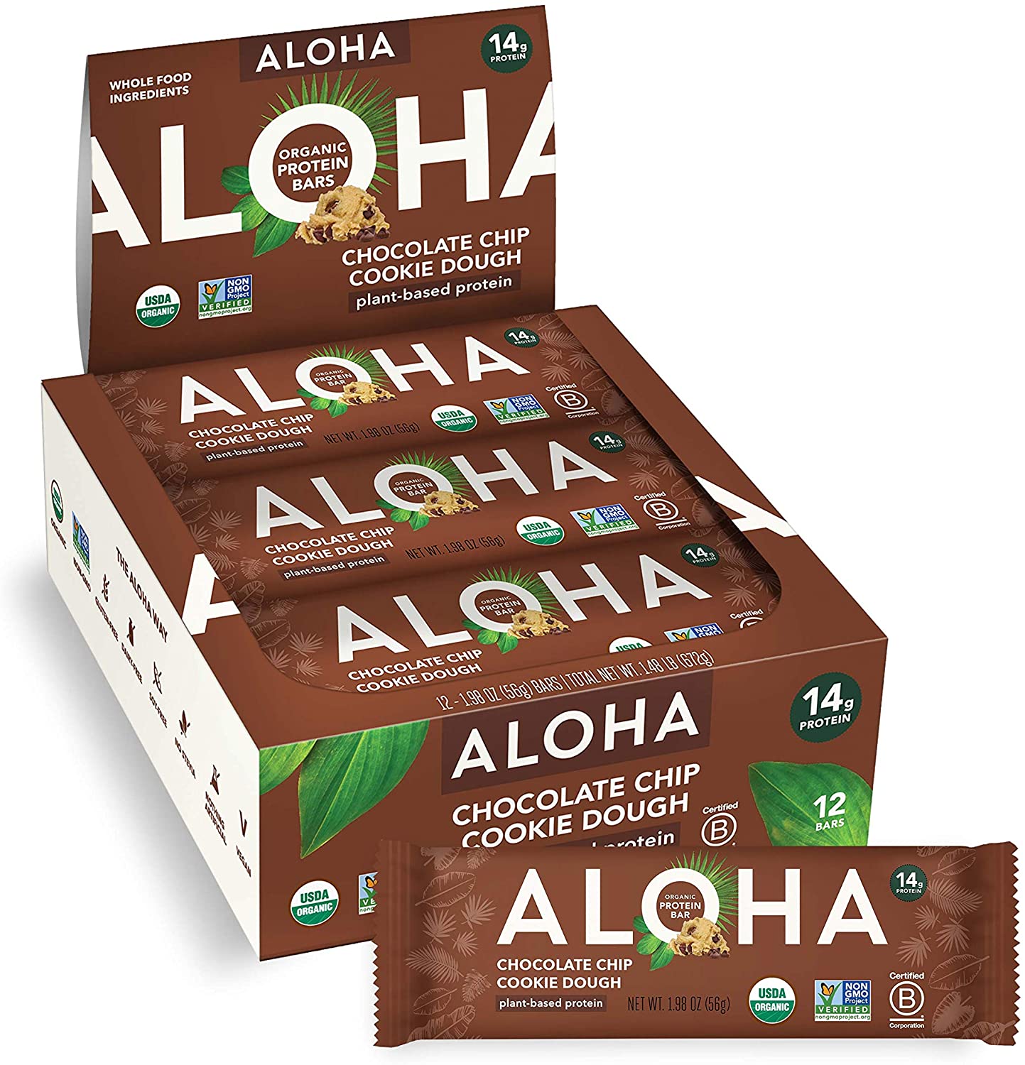 ALOHA Organic Plant Based Protein Bars |Chocolate Chip Cookie Dough Vegan, Low Sugar, Gluten Free, Paleo, Low Carb, Non-GMO, Stevia Free, Soy Free (12 Count of 1.98 oz Bars), 23.76 oz